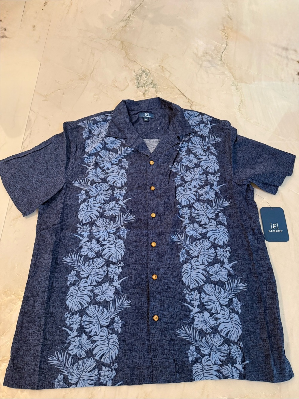 George Blue Short-Sleeve Hawaiian Camp Shirt with Light Blue Floral Panels